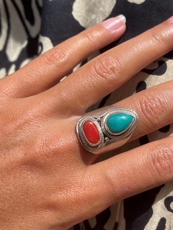 Bague bicolore turquoise et corail